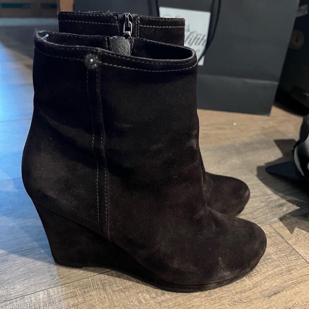 Prada Milano Women's Chocolate Brown Suede Ankle Wedge Boots Size 9.5
